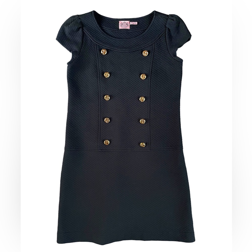 Women’s JUICY COUTURE Black Quilted Shift Dress w/ Gold Buttons Cap Sleeve Small